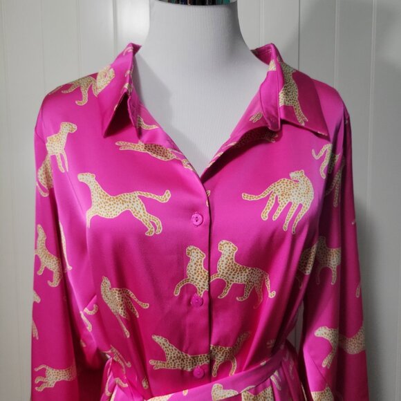 NWT Skies are Blue Curvy Pink Animal Cheetah Print Button Down Satin Shirt Dress - Picture 3 of 13